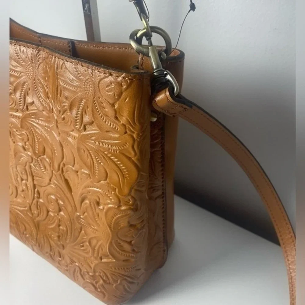 Patricia Nash Tan Tooled Leather Floral Crossbody Bag with Chain Handle